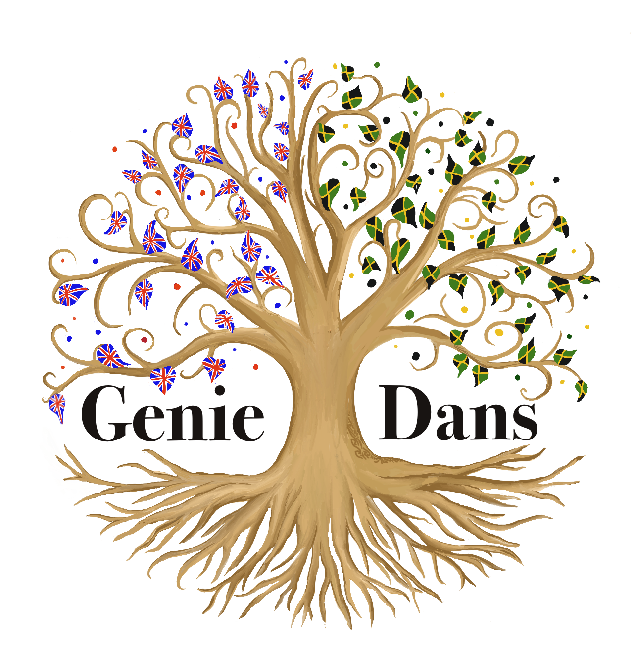 Genie Dans Logo. A hand drawn brown tree with spreading roots forming a rough semi-circle. The branches spread out forming another semi-circle. The leaves on the right hand side are the Jamaican flag and on the left hand side they are the Union flag. The words Genie and Dans are in a black font between the branches and roots, on the left and right of the tree trunk respectively.